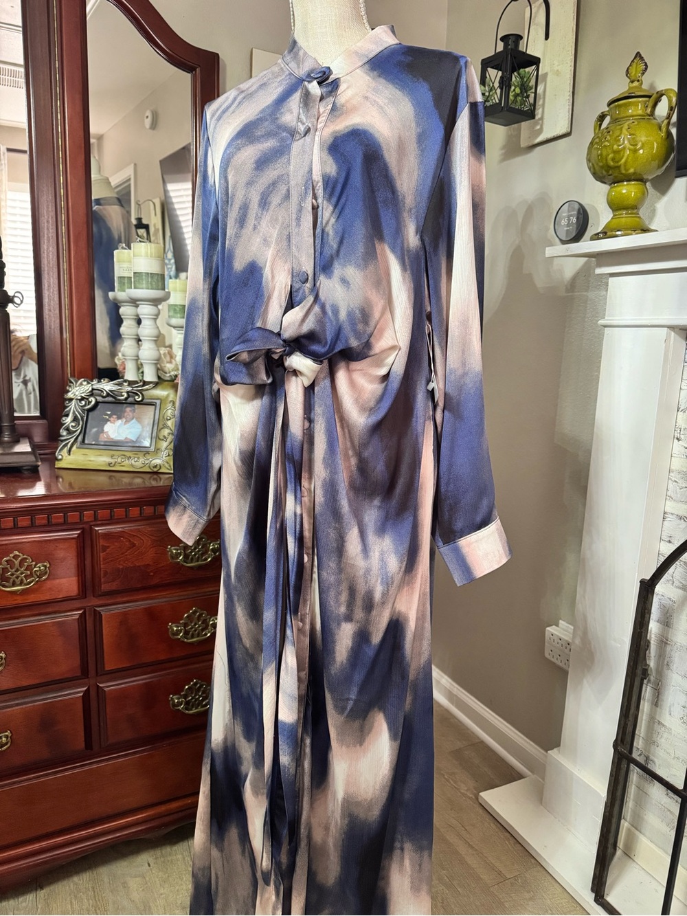 Womens Blue & Cream Long Sleeve Tie-Waist Maxi tunic Dress